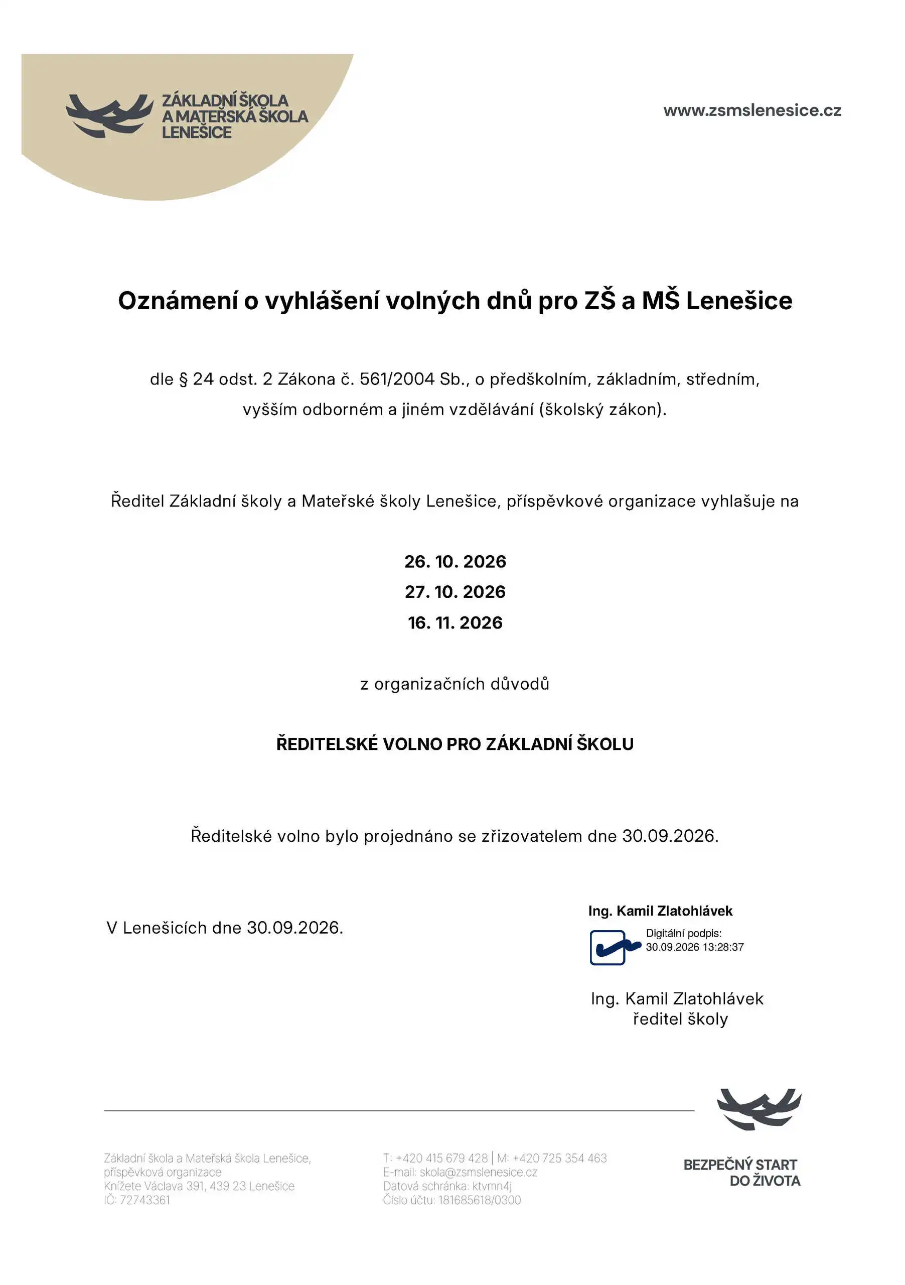 Ředitelská volna podzim 2026